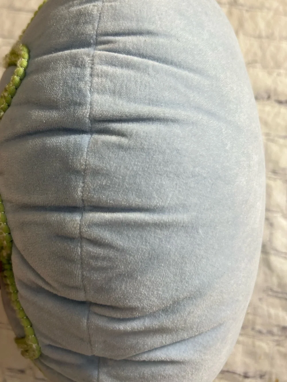 ETTA VEE BLUE VELVET WITH GREEN BRAIDED LIKE ACCENT ROUND WHIMSICAL THROW PILLOW